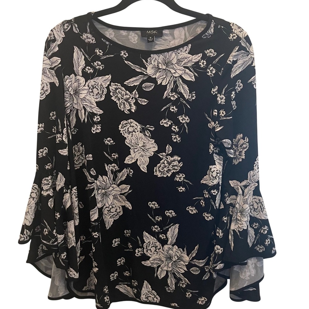 MSK Black White Floral Bell Sleeve Blouse Top Womens M Witchy Whimsigoth